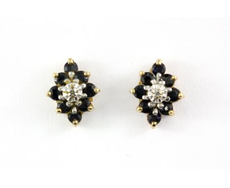 A pair of 9ct yellow gold sapphire and diamond set cluster earrings.