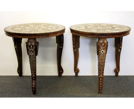 A pair of Indian inlaid hardwood tables, one decorated with the Taj Mahal, the other with floral designs and with elephant tr