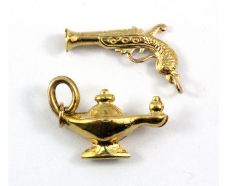 Two 9ct yellow gold charms / pendants, L. 2.5 &amp; 3cm&nbsp;W. 3.2g.