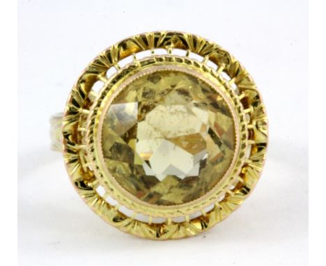 A 9ct yellow gold citrine set ring, (P.5).