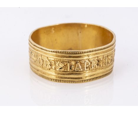 An early 19th century 18ct gold morning ring, now lacking enamel, inscribed to exterior 'Nathaniel Hickes OB21 April 1809 AG 