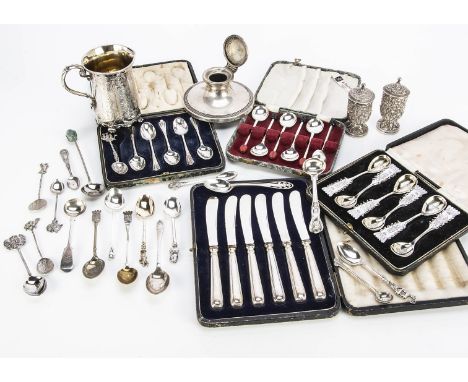 A collection of silver and other items, including a pair of Burmese peppers, a set of six Swedish coffee spoons, a cased set 