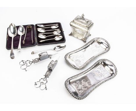 A small group of silver and silver plate, including a set of six silver Apostle style teaspoons in case, a pair of silver des