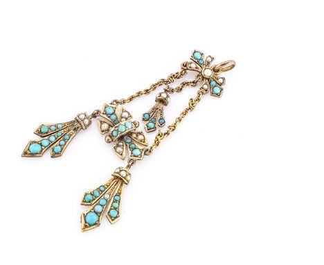 An Edwardian turquoise and seed pearl pendant, of festoons and fans, united by oval linked chains, 6.5 cm long by 3 cm wide, 