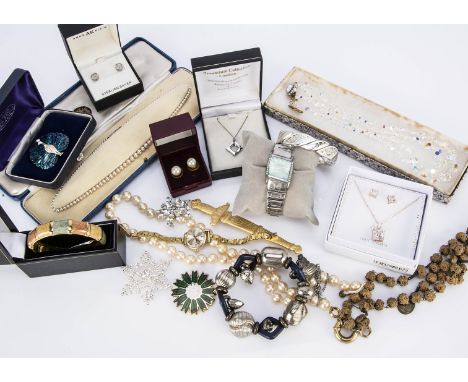 A gilt metal American sword brooch, together with a costume jewellery including a collection of mourning jewels, mother of pe