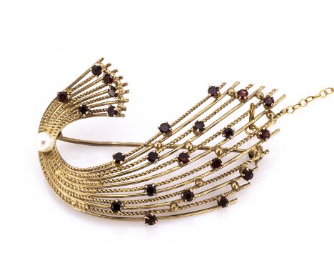 A continental 9ct garnet and pearl brooch, of spray design set with small round cut garnets and a single cultured pearl, 9ct 