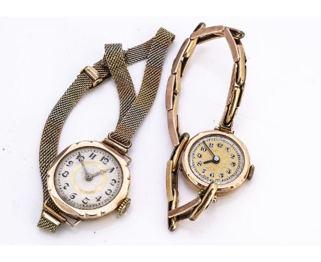 Two first half 20th century 9ct gold cased ladies wristwatches, one on expanding strap, gross weight 33.2g (2)
