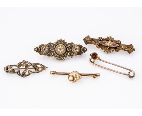 Two 15ct gold late Victorian brooches, both set with diamonds, sapphires and rubies, 7.3g together with three 9ct gold brooch
