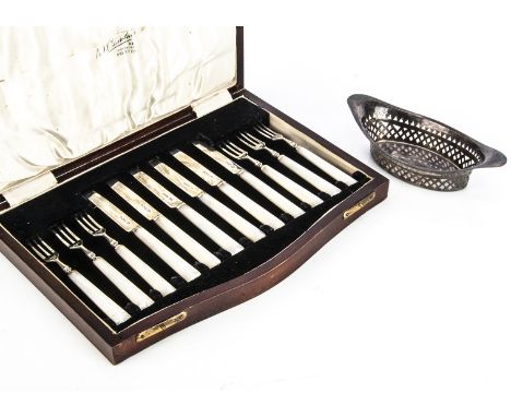 A George V silver and mother of pearl dessert set and an Edwardian silver dish, the fruit knife and fork set in retailers box