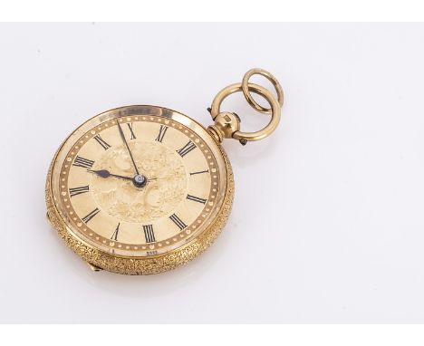 A 18ct gold continental open faced fob watch, with roman numerals, central floral panel, an engraved floral back, 4.9 cm by 3