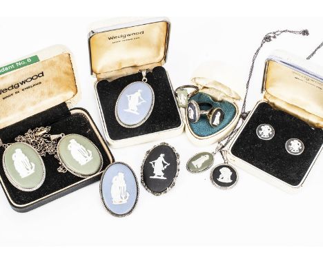 A collection of Wedgwood Jasper ware jewels, including a 9ct gold ring in with oval panel of a classical female, ring size O,