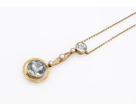 An Edwardian aqua marine and seed pearl drop pendant, the two round mixed cut aquas with an oval seed pearl spacer link, on a