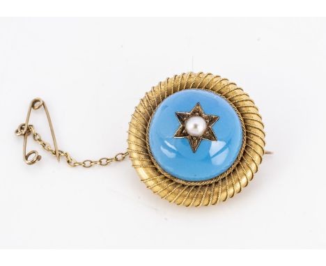 A 19th century yellow metal enamel and pearl brooch, the domed turquoise centre with half cut pearl in a star setting, on a c