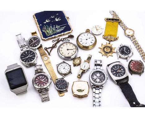 A group of watches and other items, including a Diesel fashion watch, damaged strap, two manual wind Timex examples, and more
