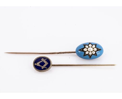 A 9ct gold Masonic stick pin, in blue enamel, with dividers and square motif, together with an enamel oval turquoise pin set 