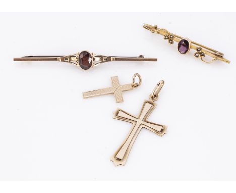 Two 9ct gold cross pendants, together with a garnet bar brooch and a amethyst and seed pearl example, 4g