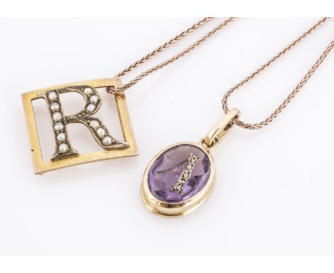 An Amethyst A pendant, in a gold mount, A letter (af), a R seed pearl set initial, and a 9ct gold chain 6g