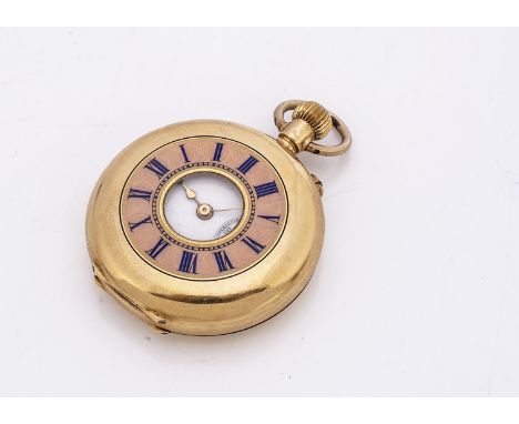 An early 20th century half hunter lady's pocket watch, 38mm, the cover having pink and blue enamel window surround, the dust 