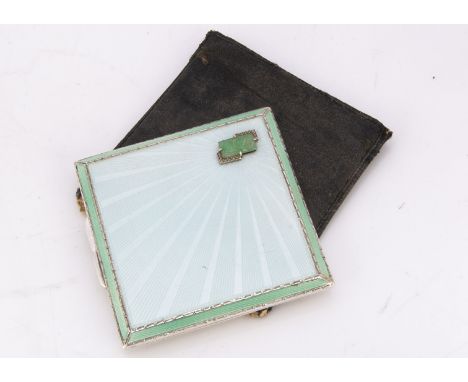 An Art Deco silver and green enamel compact by Adie Bros, 7.3cm square, some light scratches, having applied carved green har