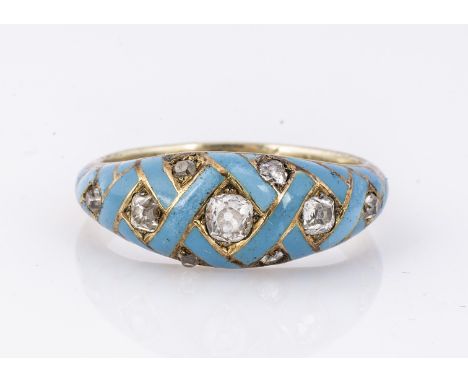 A 19th century diamond and turquoise dress ring, the nine old cut diamonds in a lattice turquoise enamel decoration, unmarked