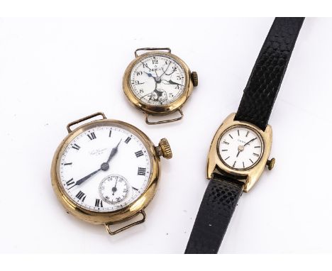 Three first half 20th century 9ct gold cased wristwatches, AF, including a Waltham, a Certina and a Zenith example (3)