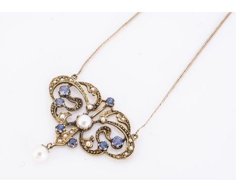 A sapphire and pearl set gold pendant, the open scroll work with claw set round mix cuts, with a pearl drop, on a fine gold c