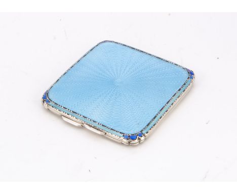 An Art Deco silver and blue enamel compact by Adie Bros, 6.8cm square, some light scratches