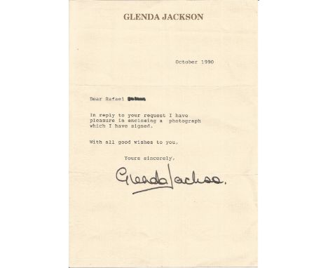 Glenda Jackson CBE signed TLS dated October 1990. Glenda May Jackson 9/5/1936 is a British Labour Party politician and former