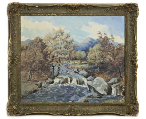 R THOMSON,HIGHLAND RIVERoil on board, signediamge size 50cm x 60cm, overall size 64cm x 74cm Framed.