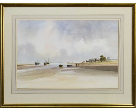 R WITCHARD, DOCKING THE BOAT watercolour on paper, signed image size 36cm x 53.5cm, overall size 56cm x 72cmMounted, framed a