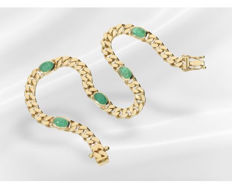 Armband: massives vintage Panzerarmband mit Smaragdbesatz, ca. 2,1ct: Ca. 19cm lang, ca. 5mm breit, ca. 14,5g, 14K Gelbgold, 