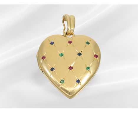 Anhänger: Herzförmiger vintage Medaillon-Anhänger mit Edelsteinbesatz, 18K Gold: Ca. 33 x 28,5mm (ohne Öse), ca. 19,8g, 18K G