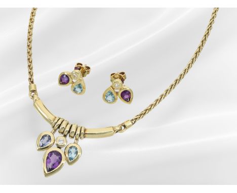 Collier/Ohrringe: vintage Mittelteil-Collier mit Farbsteinen und Brillanten, dazu passende Ohrstecker: Collier ca. 43cm lang,