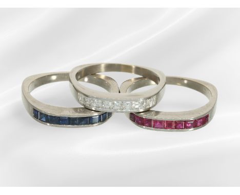 Ring: 3-fach Ringset mit Rubinen, Saphiren und Diamanten, ca.1,8ct: Ca. Ø 20mm, RG 64, ca. 19,2g, 18K Weißgold, Handarbeit, R