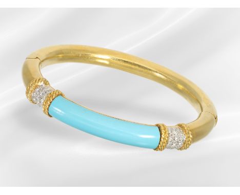 Armreif: hochwertiger vintage Armreif mit Türkis und Diamantbesatz, Handarbeit aus 18K Gold: Ca. Ø56mm, ca. 35,3g, 18K Gelbgo