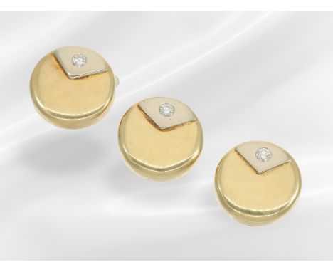 Kragenknöpfe/ Clipknöpfe: Set von 3 vintage Knöpfen mit Brillantbesatz, Wien: Jeweils ca. Ø17mm, Gesamtgewicht ca. 11,5g, 14K