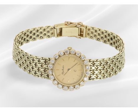 Armbanduhr: goldene vintage Damenuhr der Marke "Clay Montier" mit Brillantbesatz: Ca. Ø22mm, ca. 17,5cm lang, ca. 32,3g, 14K 