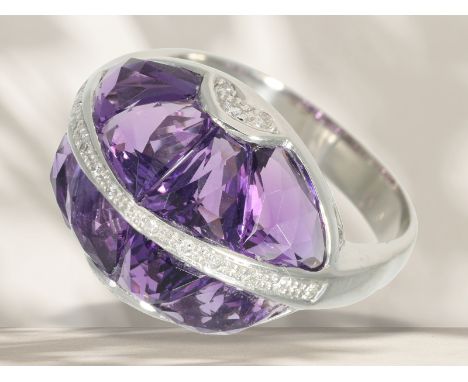 Ring: Außergewöhnlicher Designerring mit Brillanten und Amethysten, Cocktailring: Ca. Ø18mm, RG 57, ca. 6,5g, massive Goldsch