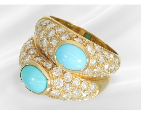 Ring: interessanter vintage Türkis/Brillant-Goldschmiedering, ca. 2,7ct: Ca. Ø17,5mm, RG55, ca. 12,3g, 18K Gelbgold, im Verla