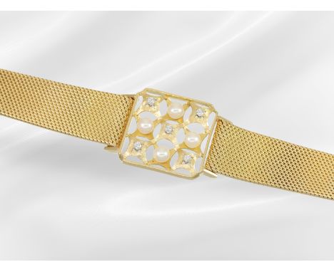 Armband: unikates, handgefertigtes Goldschmiedearmband mit Zuchtperlen und Brillanten, 18K Gold: Ca. 19cm lang, ca. 54,1g, 18