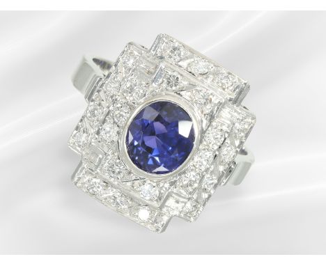 Ring: sehr schöner, moderner Saphir/Brillant-Goldschmiedering, Handarbeit aus 18K Weißgold: Ca. Ø17,5mm, RG55, ca. 8,5g, 18K 
