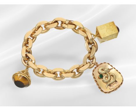 Armband: breites und ausgefallenes vintage Bettlerarmband mit 3 Anhängern, 18K und 14K Gold: Ca. 20,5cm lang, ca. 66,3g, 18K 
