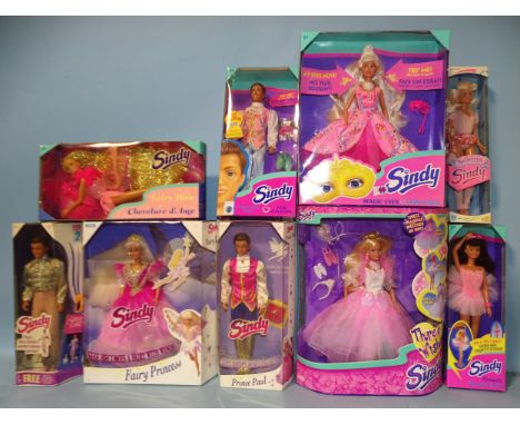 Sindy, nine boxed Hasbro dolls: "Magic Eyes" (x2), "Fairy Princess", "Prince Paul", "Three Wishes" and four others, (9).
