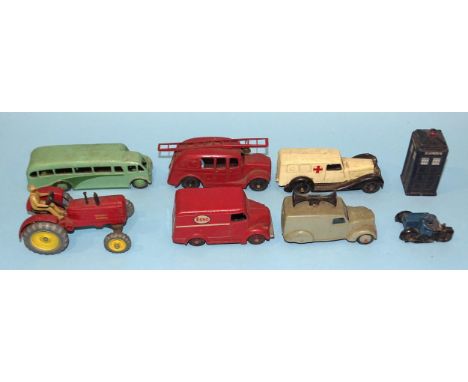 Dinky Toys, 30f Ambulance, 25k Streamlined Fire Engine (with bell), 31a Esso Trojan, 34c Loud Speaker Van, 42a Police Box, 42