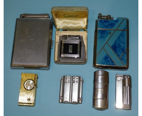 A Colibri Monopol lighter, an Inco Duplex lighter, a Colibri cigarette case/lighter, a Foskr gold-plated novelty lighter/watc