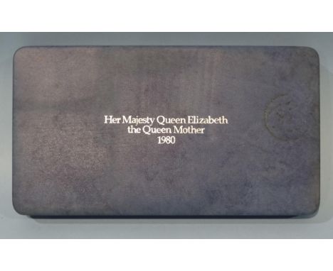 The Royal Mint, H M Queen Elizabeth, The Queen Mother's 80th Birthday cased set of seven silver proof coins.