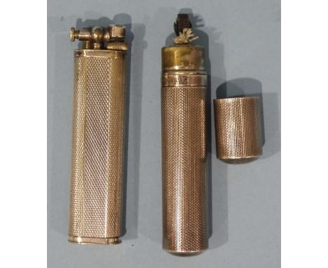 A sterling silver cigarette lighter of tubular canister form, 7.5cm, together with a Dunhill silver-plated engine-turned slim