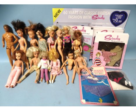 A Mattel male doll and thirteen Sindy and similar dolls, many a/f, two De Agostini reproduction outfits: "Weekender" and "Pon