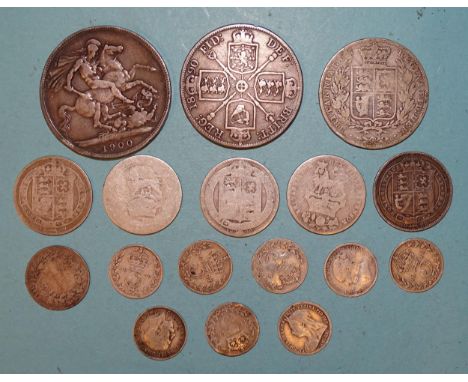 A small collection of pre-1920 British silver coinage, including a Victoria 1900 crown, Victoria 1890 double-florin, Victoria