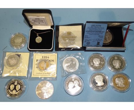 A collection of seven 1981 Royal Marriage silver commemorative coins, a Coronation 40th Anniversary silver proof crown, a 199